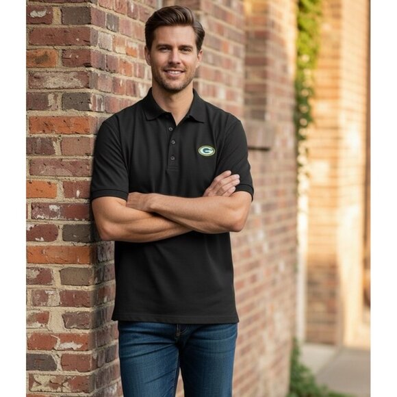 Adidas Green Bay Packers Polo Shirt M Black ClimaLite Logo Short Sleeve - Picture 1 of 6